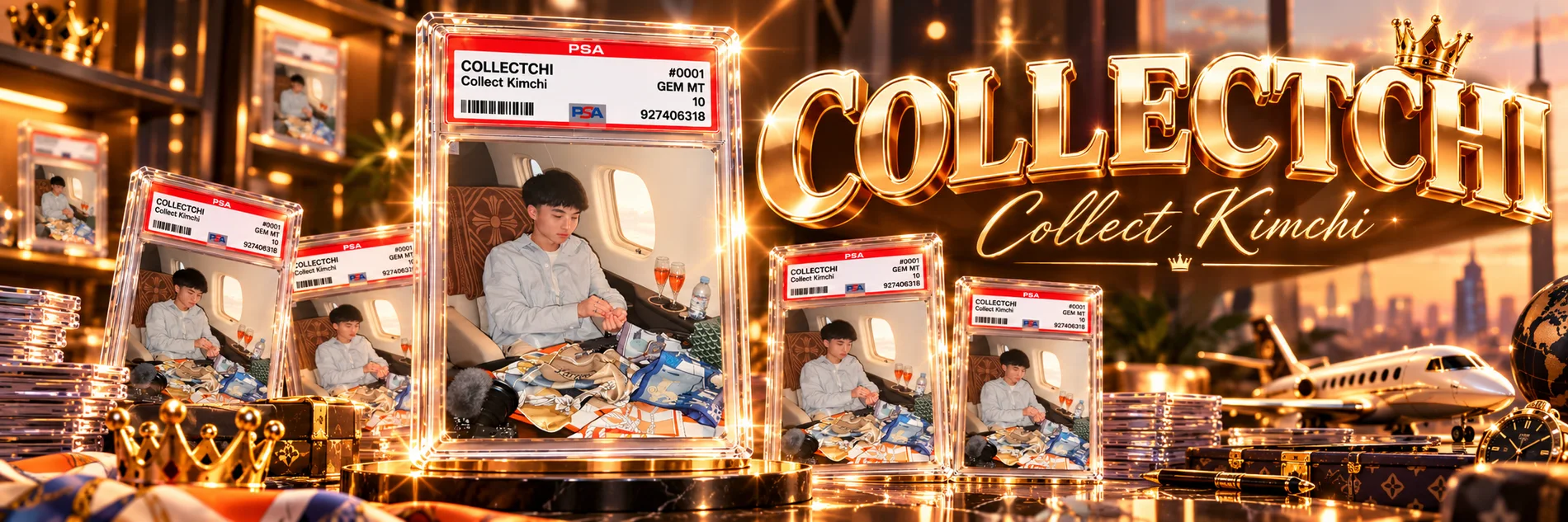 A golden vault full of COLLECTCHI cards, crowns and a private jet